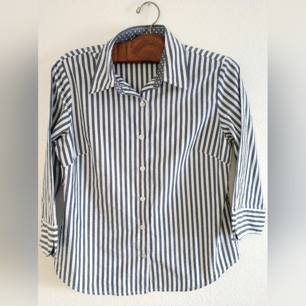 Lemon Grass Studio Women's Striped Shirt Button Front Blue White Nautical Medium